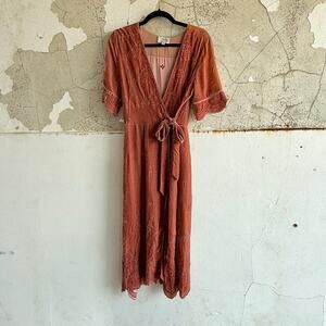 Johnny Was Dress Rust Crushed Velvet Silk Blend Lola Midi Wrap Embroidered Boho